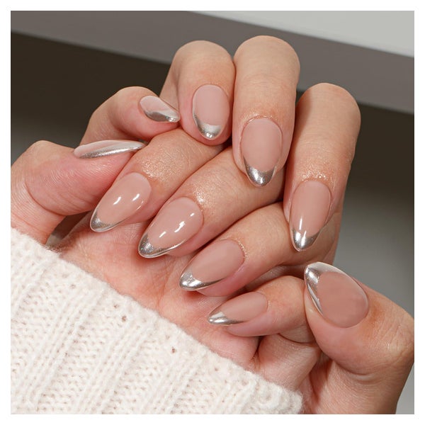 Nägel Press On Gel French Tip Chrome 30 Stück Mandel Silber 1 St