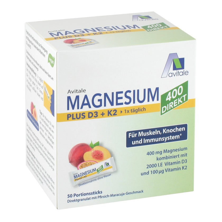 Magnesium 400 plus D3+K2 direkt Pfirsich-Maracuja 50X2,5 g, 50X2,5 