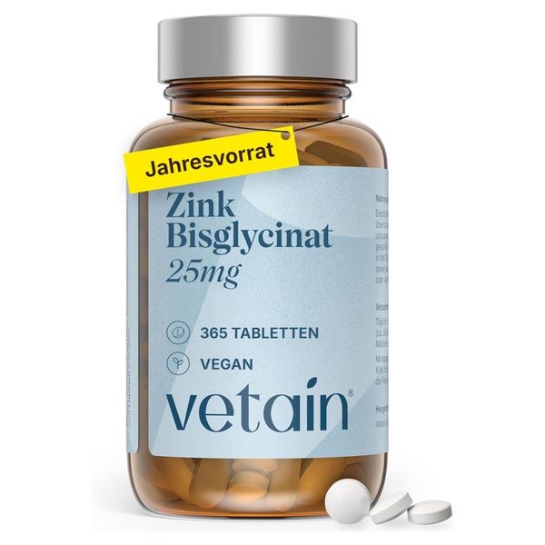 VETAIN Zink Tabletten 25mg - Hochdosiert - Zinkbisglycinat 365 St