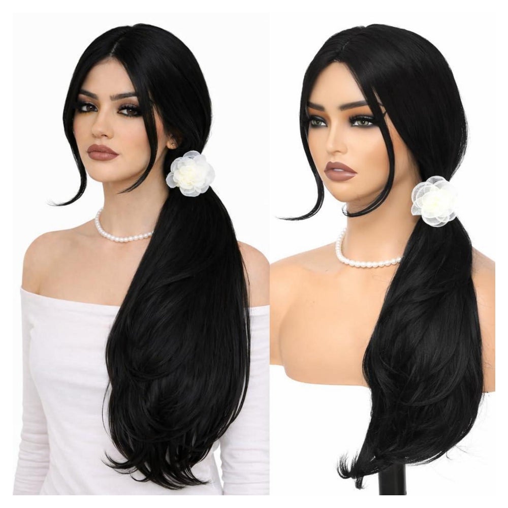 Perücke Damen Vorhangpony 66cm Synthetisch 26 Inch Schwarz 1 St