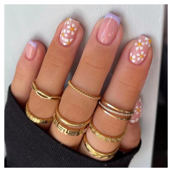 24 Stück Weiß Lila Blumen Press on Nägel Kurz Glossy Fake Na 1 St