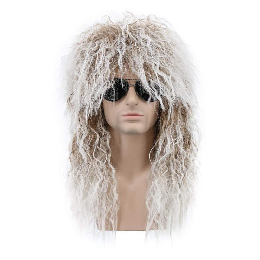 Perücke lang lockig braun weiß Vokuhila 70er 80er Rocker uni 1 St