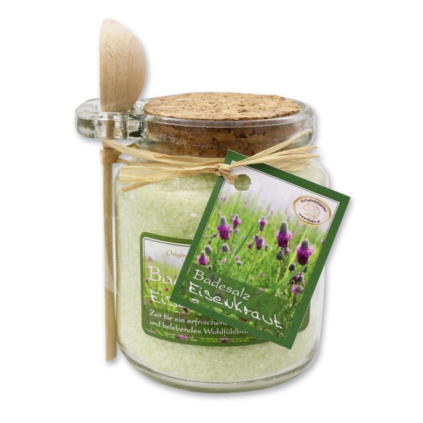 Badesalz Eisenkraut mit Bio Schafmilch Glas mit Holzlöffel 300 g