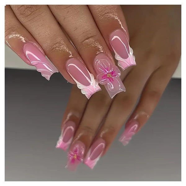 24 Stk. Rosa 3D Weiße Französische Press on Nägel Herbst Win 1 St