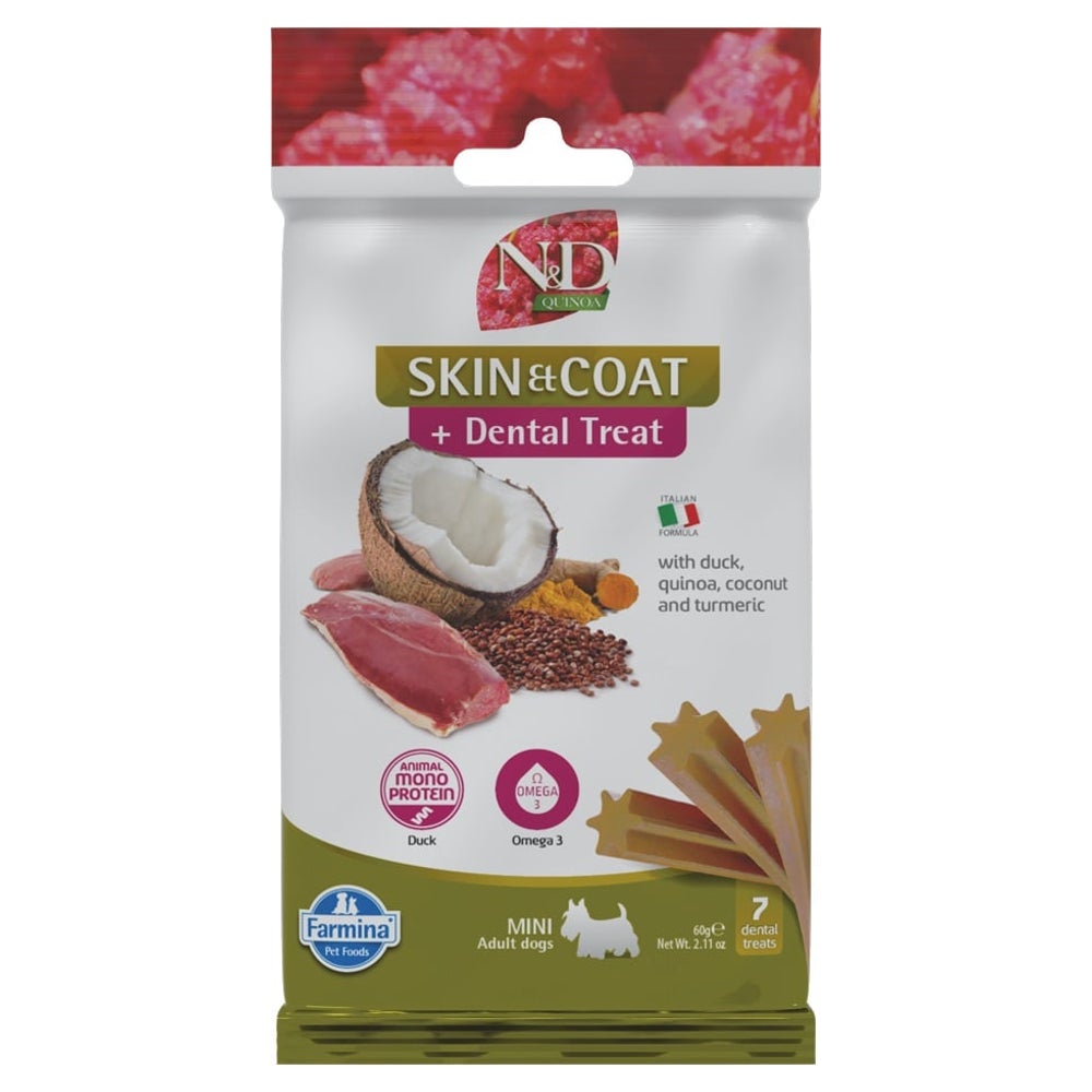 FARMINA N&D Quinoa Dental Treat Skin Coat Duck Mini (7 szt) Zahnpflege-Leckerli für kleine Hunderassen 0,06 kg