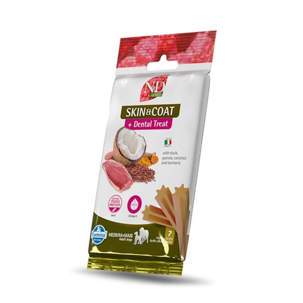 FARMINA N&D Quinoa Dental Treat Skin Coat Duck Medium/Maxi (7 szt) dentale Leckerei für mittelgroße und große Hunde 0,1 kg