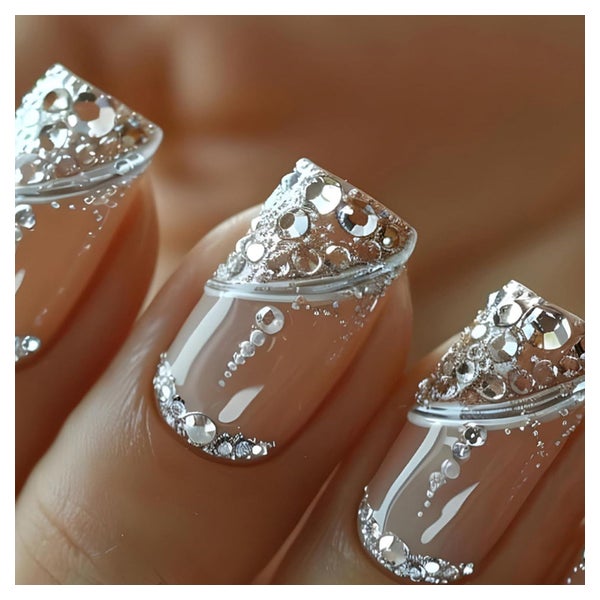 Falsche Nägel 24 Kurz Eckig Nude Pink French Ballerina Glitz 1 St