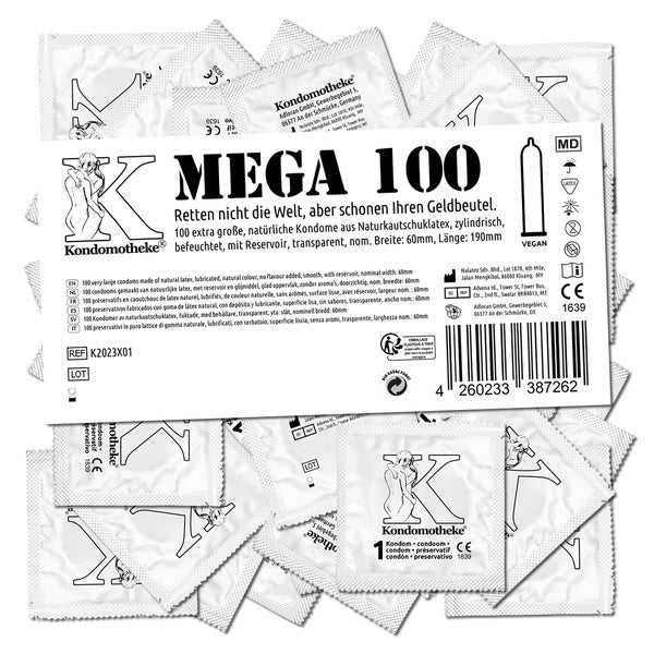 «MEGA» große Kondome, 60 mm, vegan, Silikonöl-befeuchtet (100 Kondome) 100 St