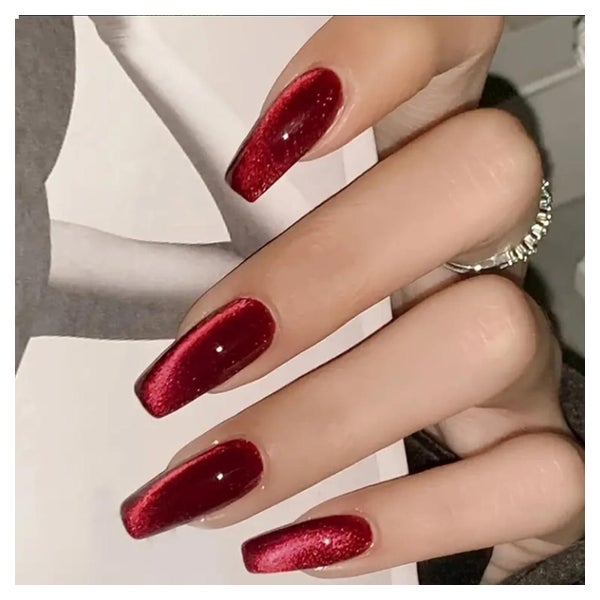 30 Cat Eye Press on Nägel Rot Glitzer Mittel Lang Voll Abdec 1 St