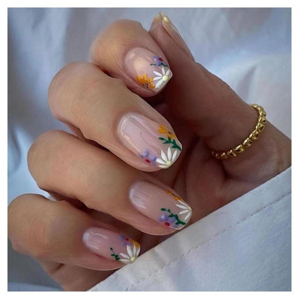 24 Stück Weiß Blumen Eckig Nägel Aufkleben Fake Nails Glossy 1 St