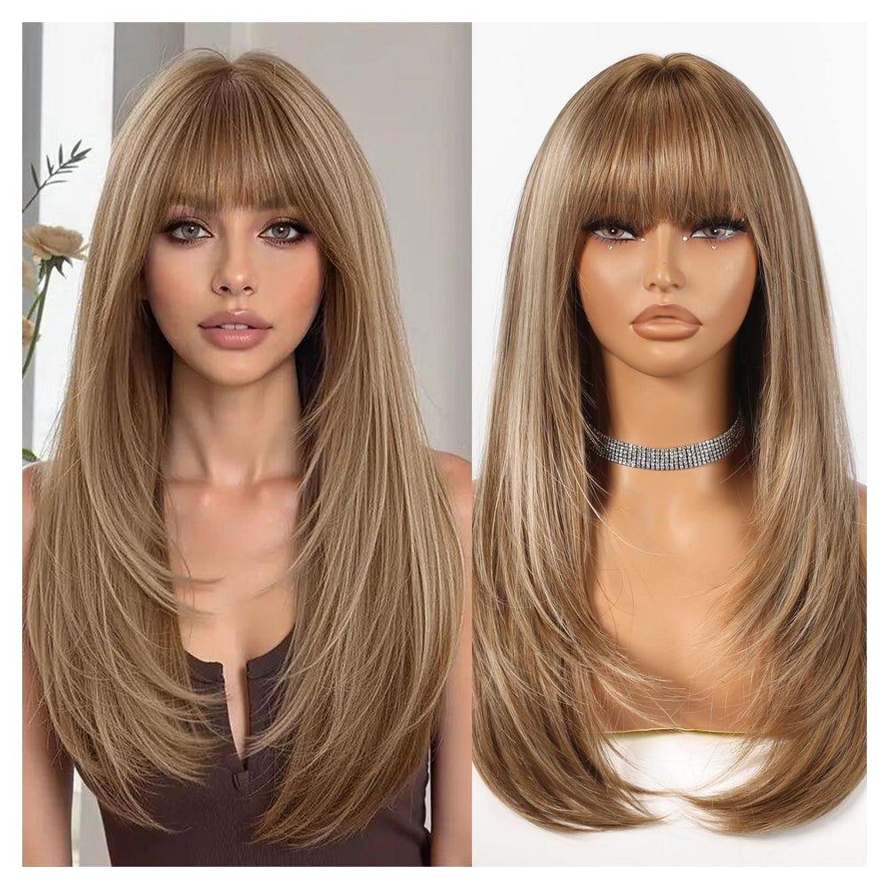 Perücke lang gerade Pony 22 Zoll synthetisch Highlights in H 1 St