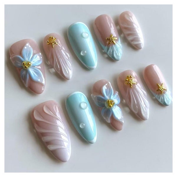 Künstliche Fingernägel Kurz Almond Blau French 3D Blumen YG1 1 St