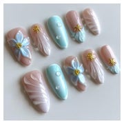 Künstliche Fingernägel Kurz Almond Blau French 3D Blumen YG1 1 St
