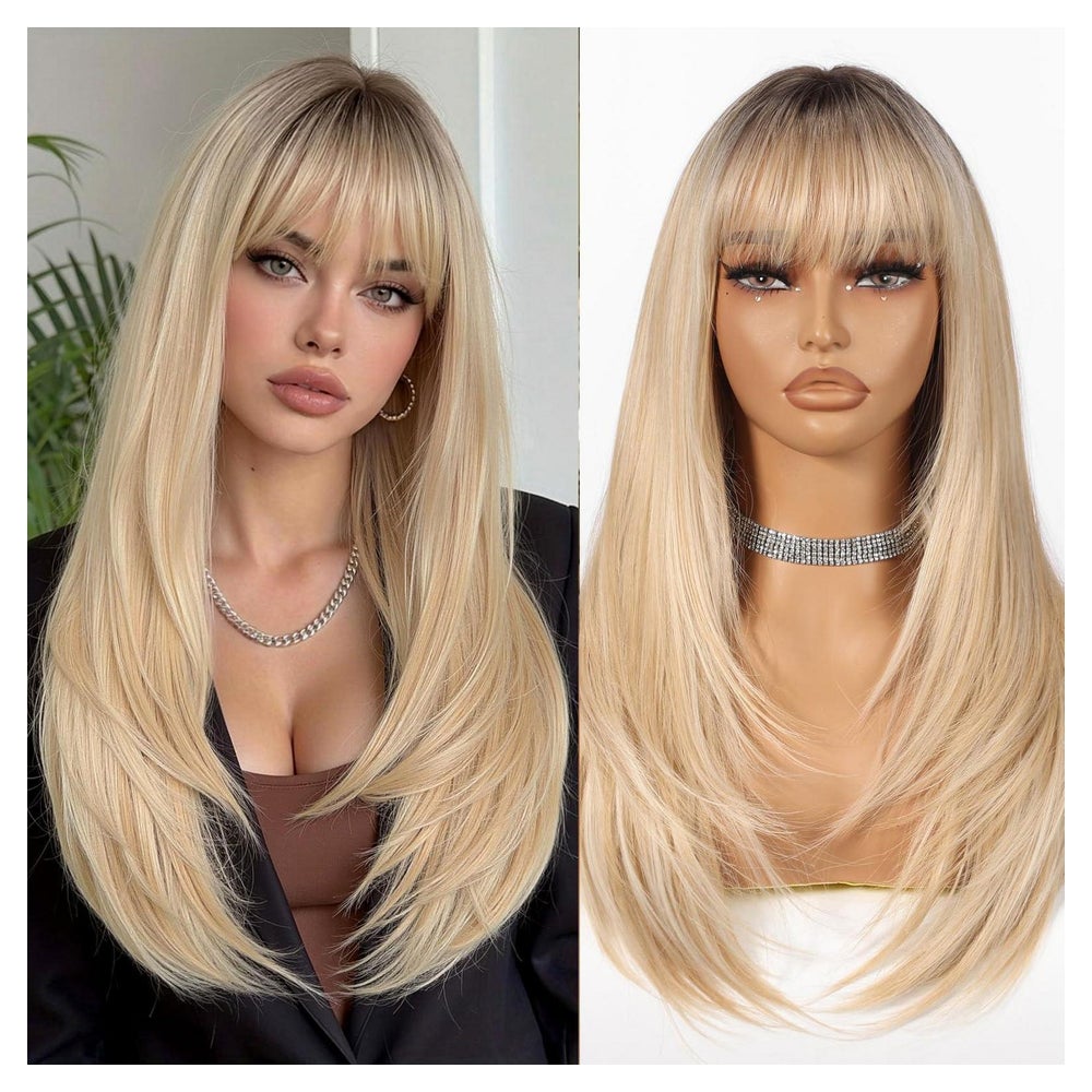 Perücke lang gestuft Pony 22 Zoll synthetisch Ombre Blond 1 St