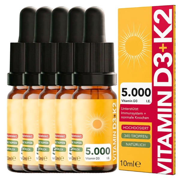 Vitamin D3 K2 Tropfen hochdosiert 5000 IE MK-7 MCT Öl vegan 5er 5 ml