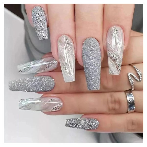 24 Stück Lange Coffin Nägel Aufkleben Grey Glitter French Ba 1 St