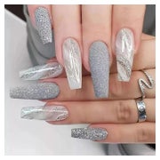24 Stück Lange Coffin Nägel Aufkleben Grey Glitter French Ba 1 St