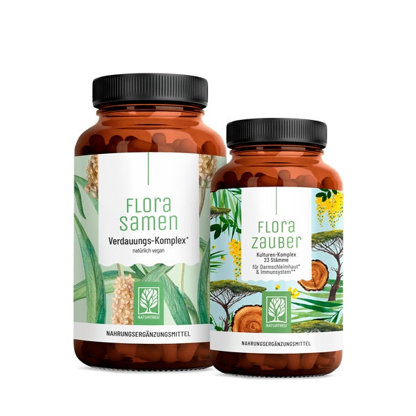 Flora-Kur-Paket: Flohsamenschalen & Bakterienkulturen für den Darm in einem veganen Bundle - FLOARASAMEN & FLORAZAUBER - NATURTREU® 120.3 g