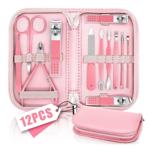 BLESWIN Maniküre Set 12 in 1, Professionelles Nagelpflege Set mit rosa Leder