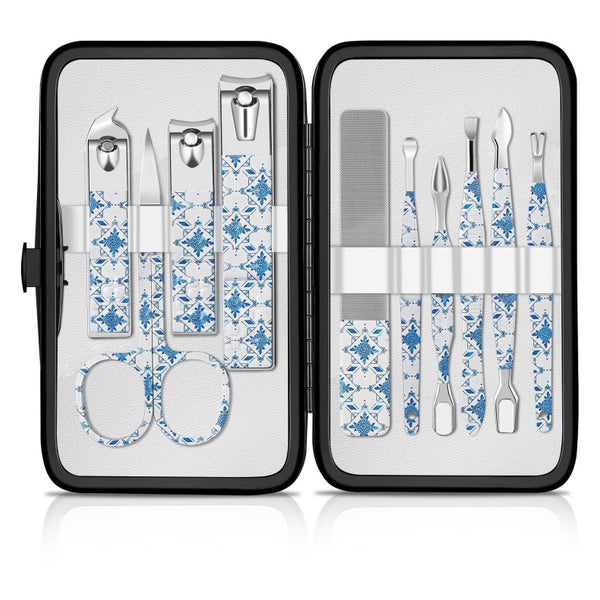 Uliya Maniküre Set 10-tlg. Edelstahl Pediküre Kit mit Leder Reisetasche (Blau &
