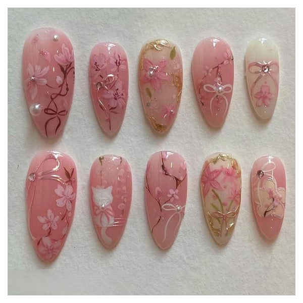 Künstliche Fingernägel Mandel Ombre 3D Blumen Kurz Y2K FC-A2 1 St