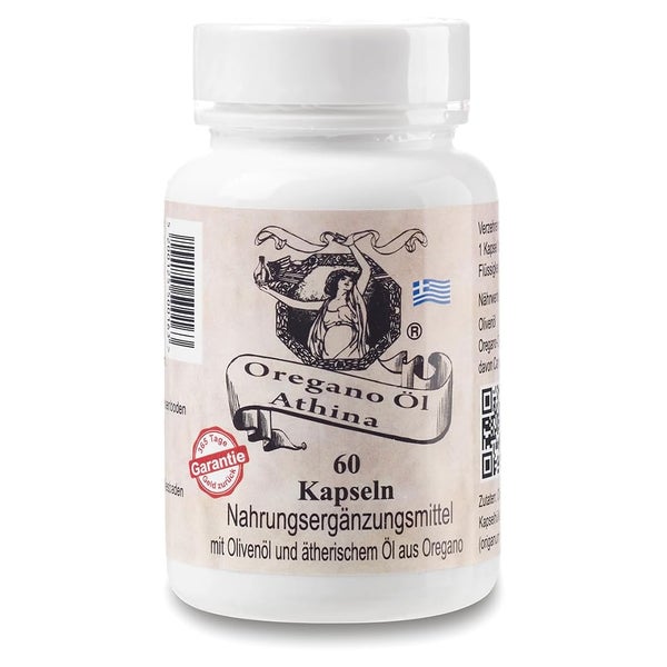 Athina® Oregano Öl 1 x 60 Kapseln I Softgels-Forte 500 mg | 100 mg pro Kapsel & 400 mg natives Olivenöl Extra aus Griechenland | 80% Carvacrol 60 St