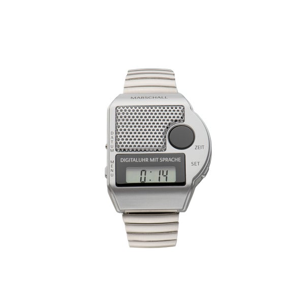 Digitale Armbanduhr mit großem Sprachknopf Metallzugband silber 1 St