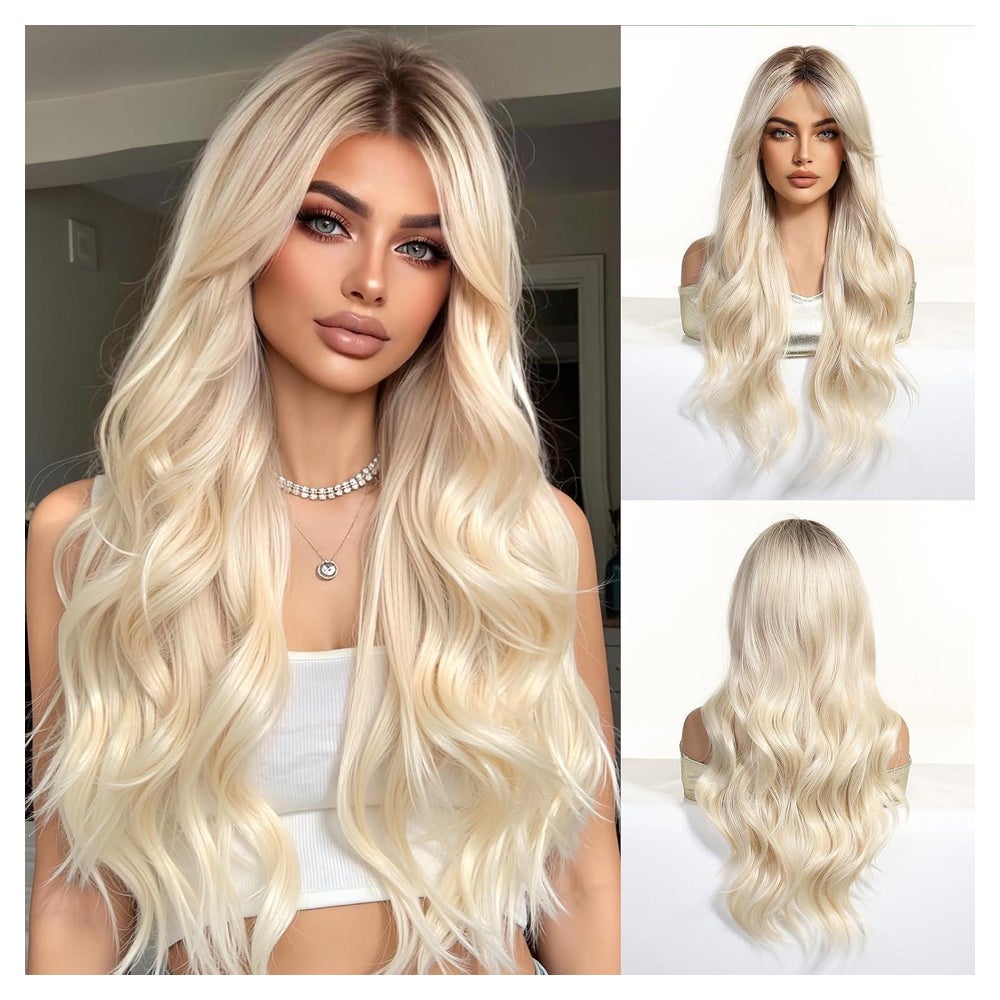 Perücken blond lockig Pony dunkle Wurzeln Synthetik Blonde(8 1 St
