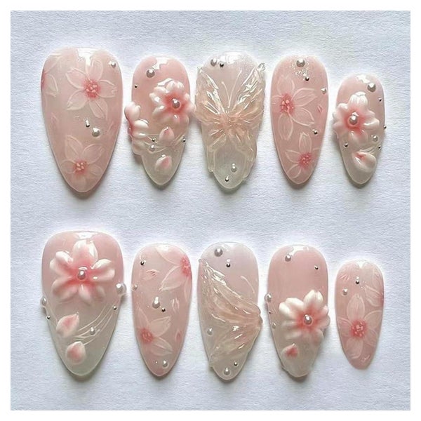 Künstliche Fingernägel Kurz Mandel Rosa Ombre 3D Blumen FC-A 1 St