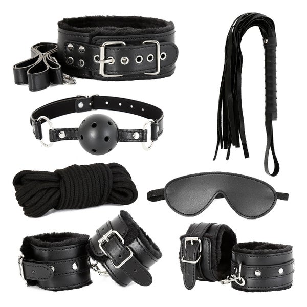 Classic Beginner's 7pcs Kit (fur cuffs,ball gag,whip,collar,eye mask,10 M rope) 1 St