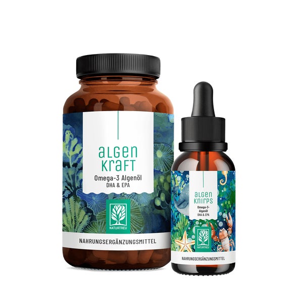 Algenkraft für Groß und Klein Paket: Algenkapseln für Erwachsene & Algentropfen für Kinder in einem veganen Bundle - ALGENKRAFT & ALGENKNIRPS - NATURTREU® 197.5 g