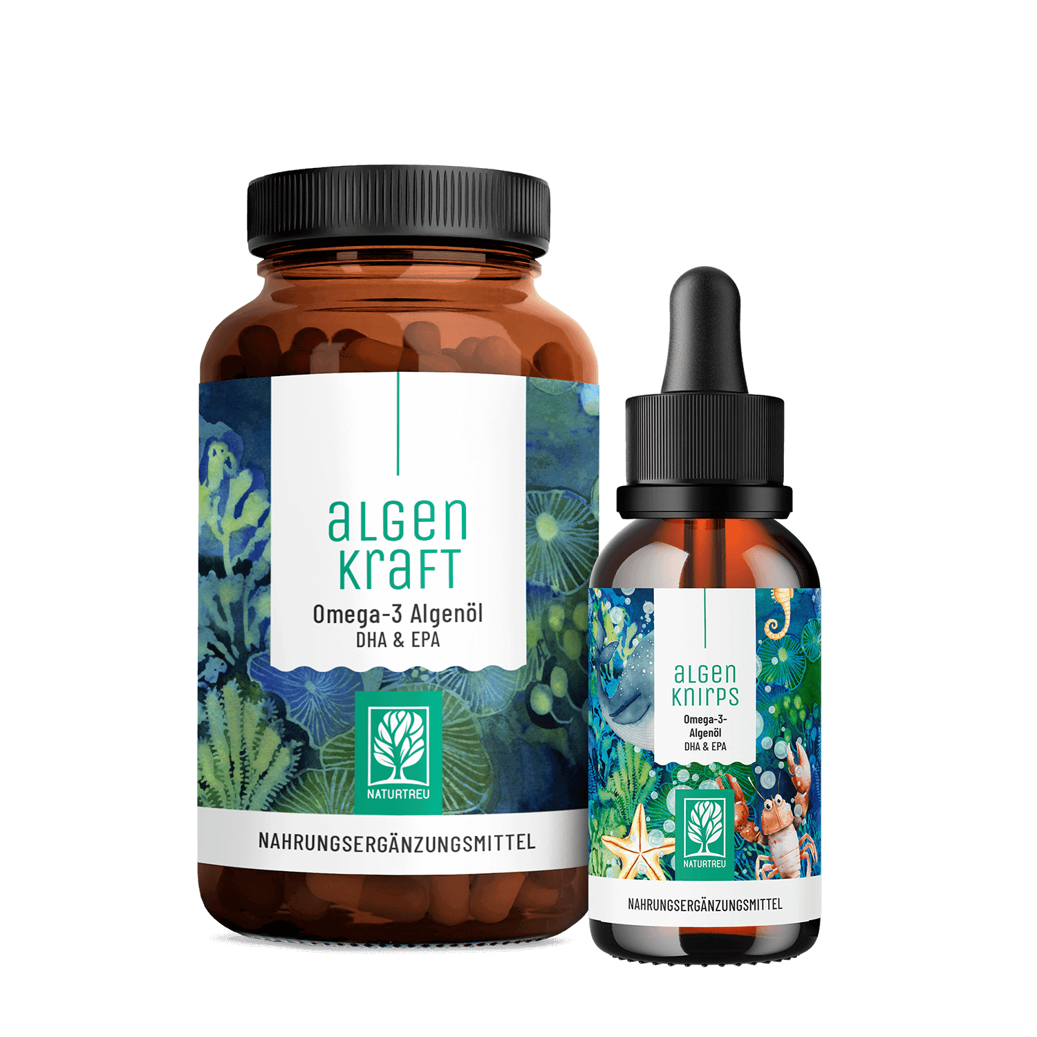 Algenkraft für Groß und Klein Paket: Algenkapseln für Erwachsene & Algentropfen für Kinder in einem veganen Bundle - ALGENKRAFT & ALGENKNIRPS - NATURTREU® 197.5 g