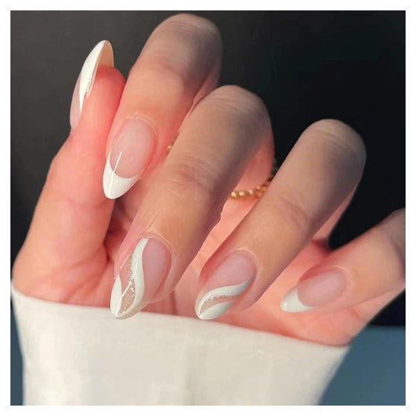Kunstnägel French Weiß Glitzer Mandel Kurz 24 21 white&amp; 1 St