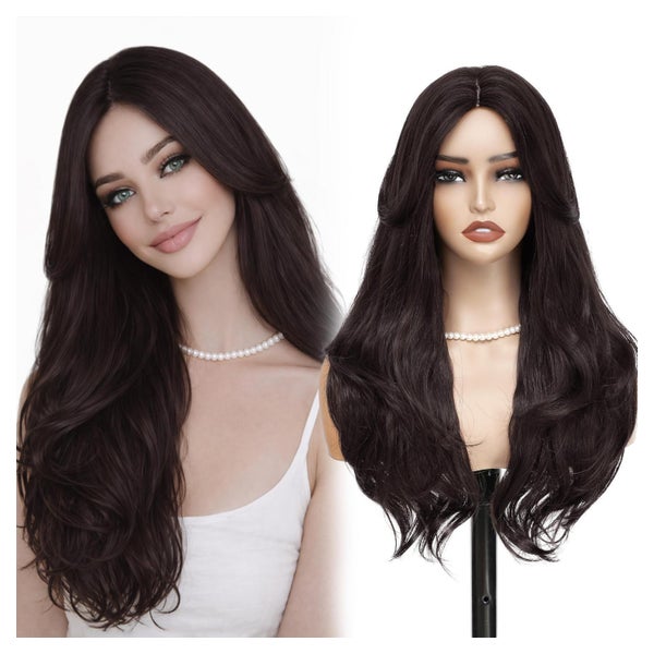 Perücke Damen lang gewellt Vorhang Pony 26 Inch Dunkelbraun 1 St