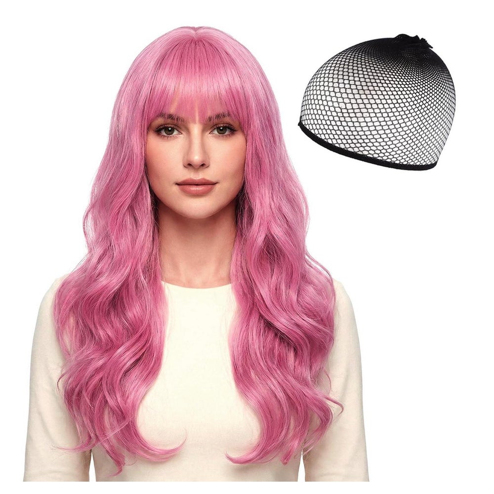 Perücke 66 cm rosa gewellt Pony Synthetik 1 St