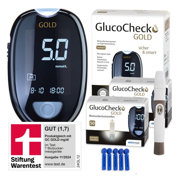 GlucoCheck GOLD Set (mmol/L) zur Kontrolle des Blutzuckers mit 110 Teststreifen 1 St