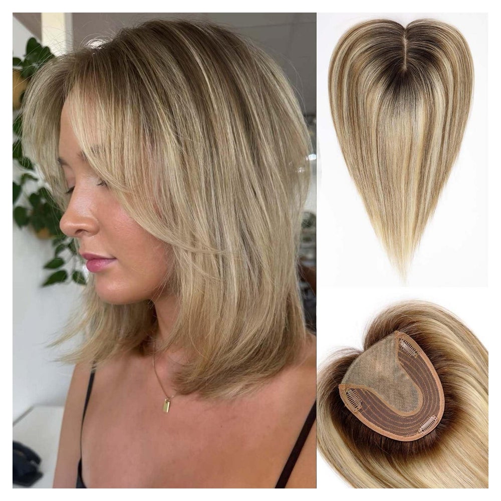 Haarteil 14 Zoll mit Pony Ombré Braun mit Blond-Strähnen T4 1 St