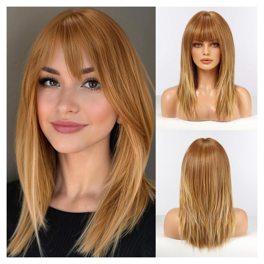 Perücke Damen Gerade Schulterlang Synthetisch Bangs Erdbeerb 1 St