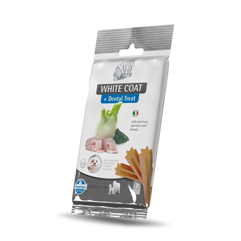 FARMINA N&D White Dental Treat Coat Sea bass Medium/Maxi (7 szt) dentale Leckerlis für mittelgroße und große Hunde 0,1 kg
