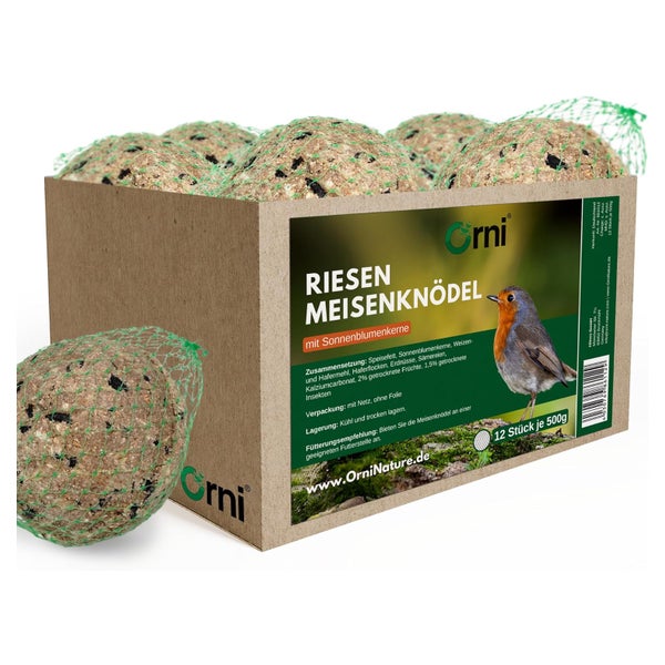 Orni Ganzjahres Riesenmeisenknödel mit Sonnenblumenkernen 500g, mit Netz ohne Folie 12 Stück 6 kg