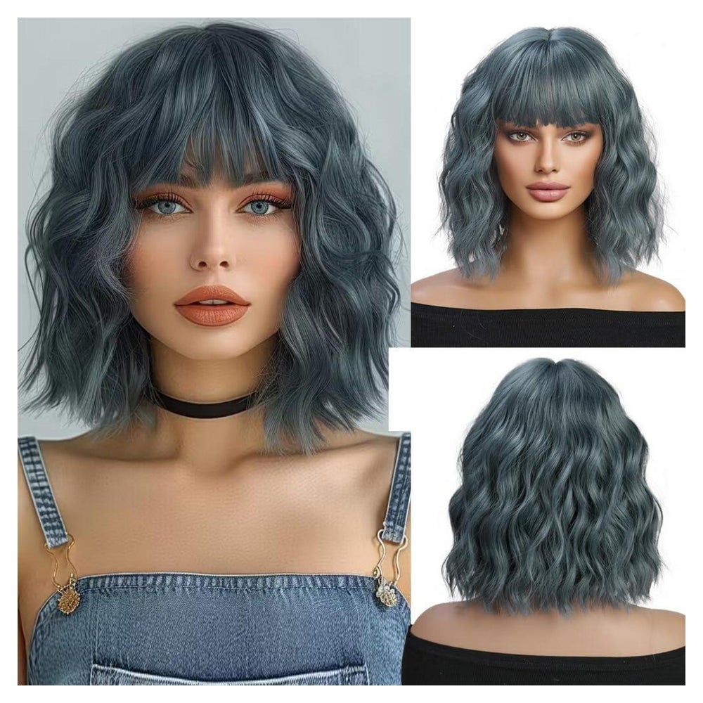 Kurze Blau Grau Perücke mit Pony Natürliche Gewellte Synthet 1 St