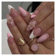 Press On Nägel Mandel Pink French 3D Blumen Gold Glitzer sty 1 St