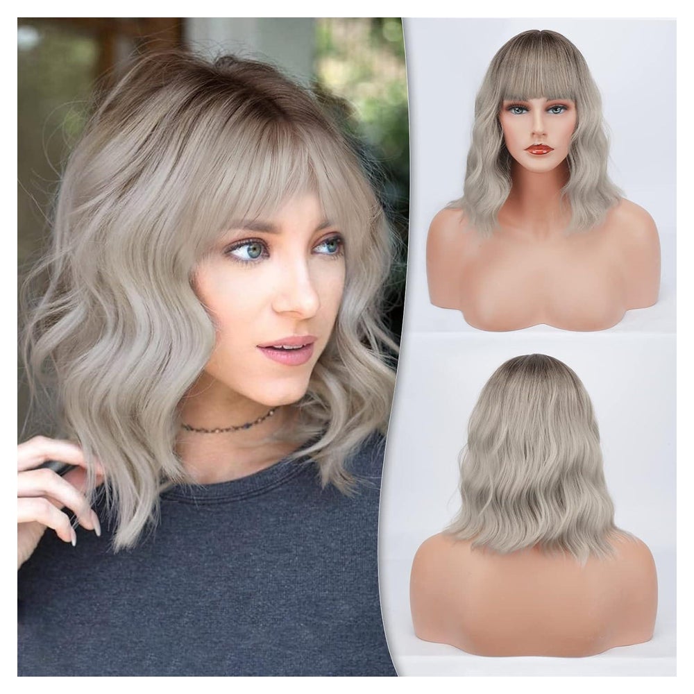 Kurze Bob Perücke mit Pony in Ombre Grau für Frauen - Natürl 1 St