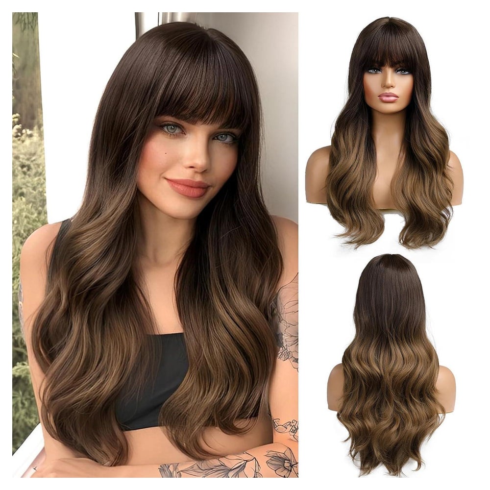 Lange Gewellte Ombre Braun Perücke mit Pony Synthetische Haa 1 St