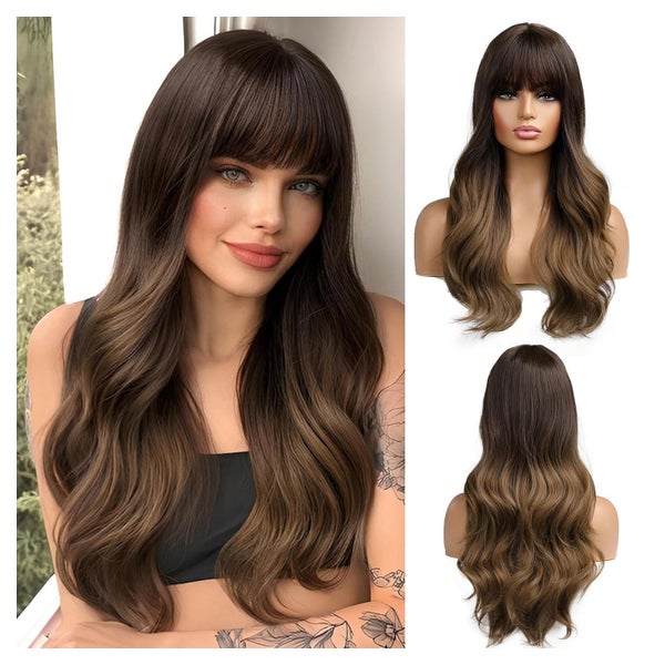Lange Gewellte Ombre Braun Perücke mit Pony Synthetische Haa 1 St