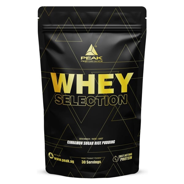 PEAK Whey Selection - 900g - Geschmack Milchreis Zimt Zucker I 30 Portionen I für Muskelaufbau I Proteinquelle: Whey Konzentrat, Isolat, Hydrolysat + freies L-Leucin I mit Laktase