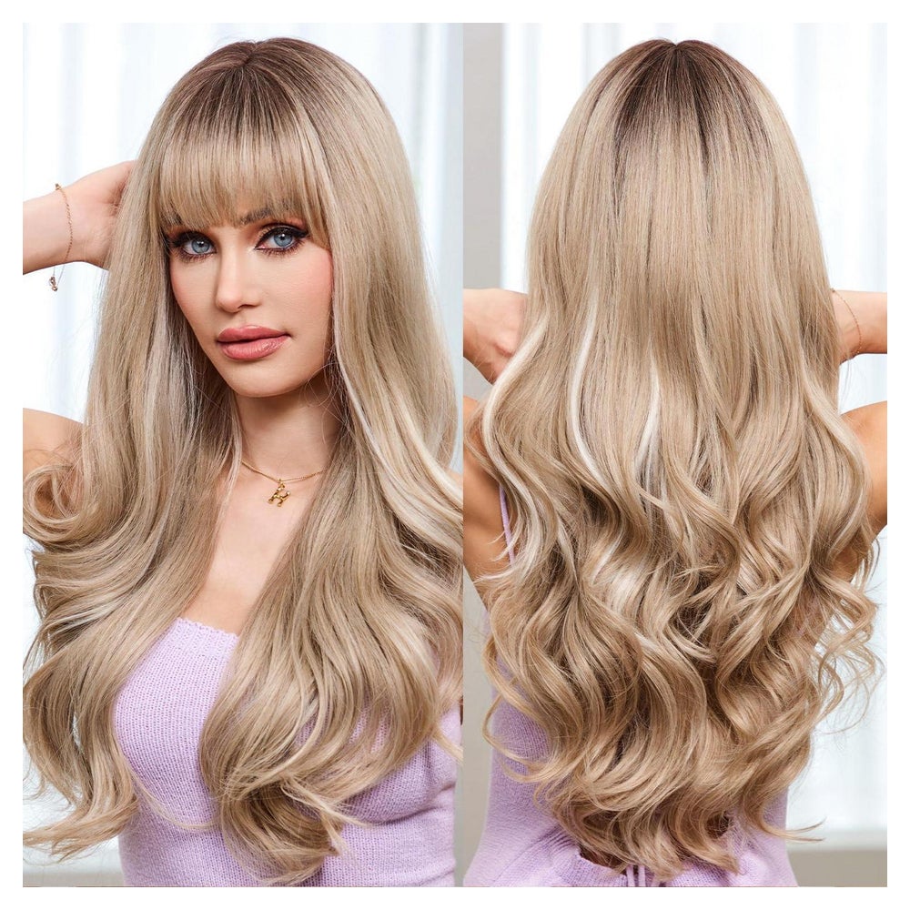Perücke Frauen Farbperücke Pony lang lockig Platinum Blonde 1 St
