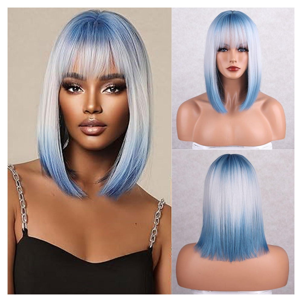 Perücke Damen Bob Pony Synthetik Schulterlänge Ombre Blau Bl 1 St
