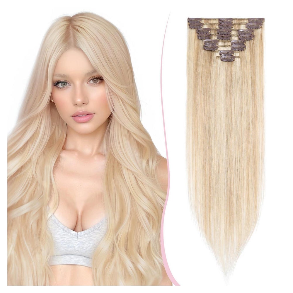 Clip in Extensions Remy 30 cm - 55 g 18P613#Aschblond & Weiß 1 St