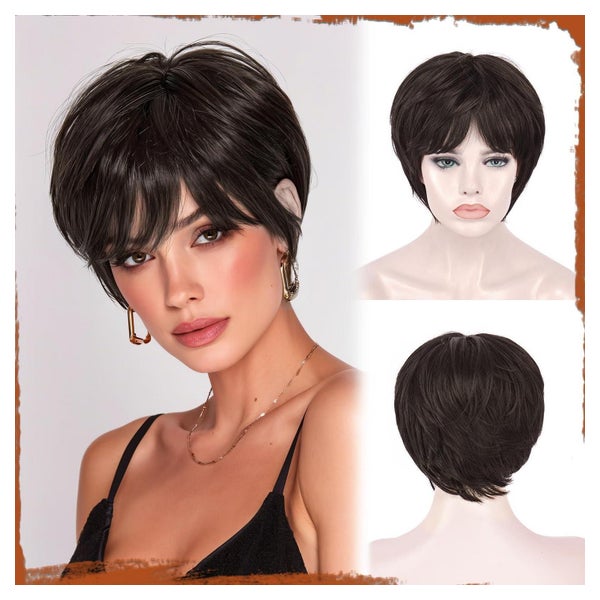 Sofeiyan Pixie-Cut-Perücke Braun, 23 cm Kunsthaar, Hitzebeständig, Mit Pony